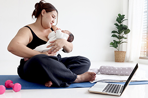 Overweight chubby mom with fat body after childbirth workout try to lose weight